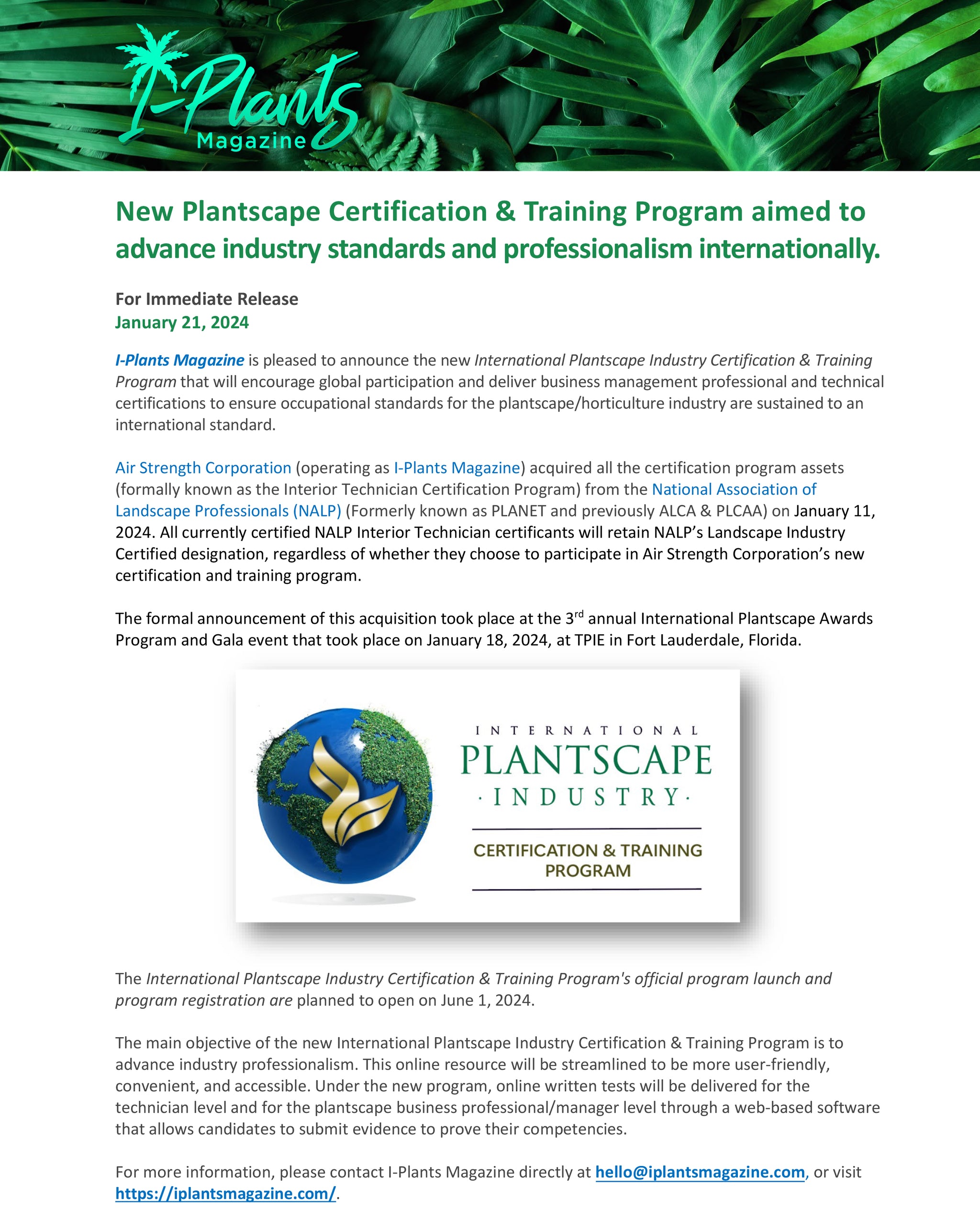 New Plantscape Certification & Training Program aimed to advance standards and professionalism internationally